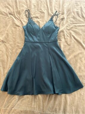 Sequin Hearts Satin Dark Green Spaghetti-Strap Mini Dress